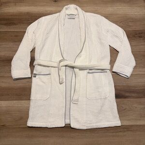Boll & Branch White Waffle Robe Women M Organic Cotton Pockets Belt Short